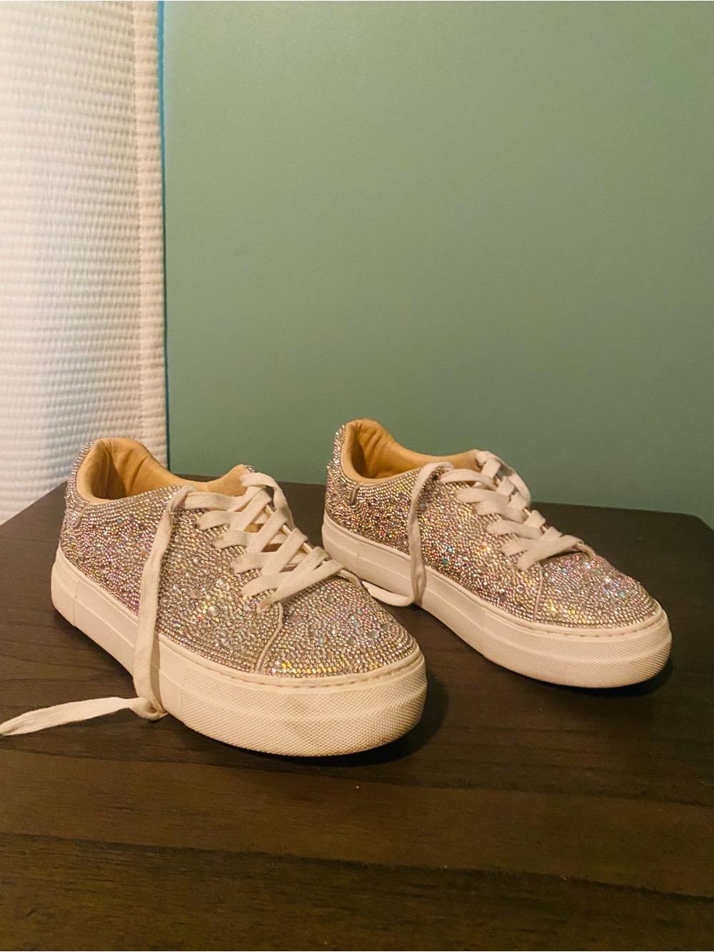 Betsey Johnson Iridescent Crystal Embellished Sneakers in Beige/Gold